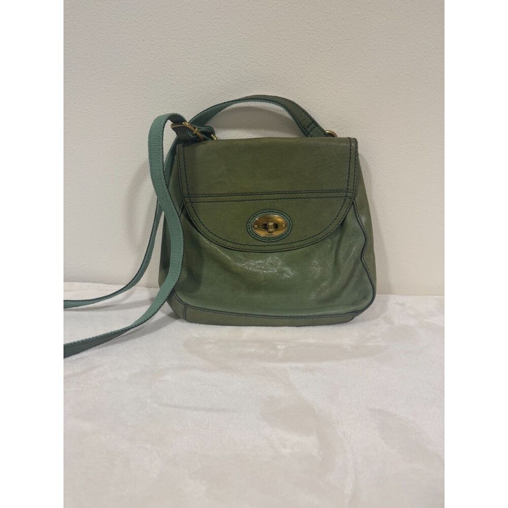 Fossil Green Leather Turn Lock Crossbody Bag